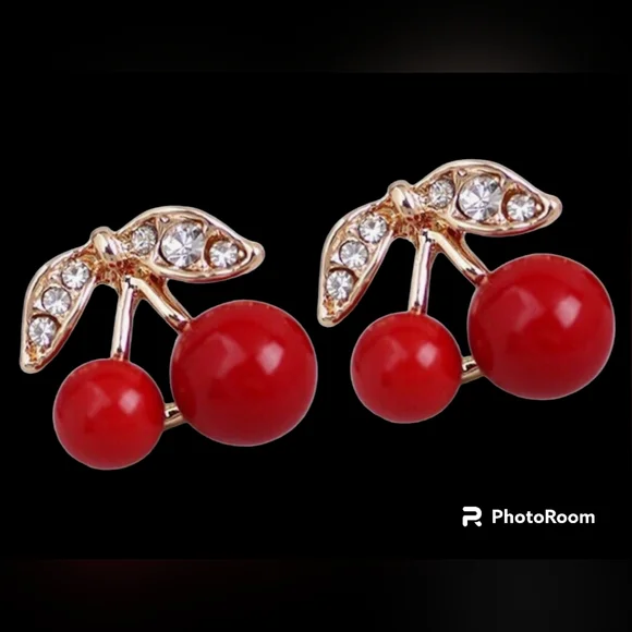 Vintage Look Earrings Red Cherry Crystal Leaf Stud for Women Red Velvet Gift Box - Picture 2 of 8